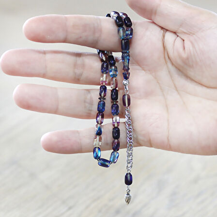 Ateş Kehribar Tesbih - Kararmaz Metal Püsküllü - Bilek Boy - Lacivert Beyaz Renk - Kapsül Kesim