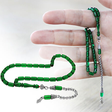 Ateş Kehribar Tesbih - Kararmaz Metal Püsküllü - Bilek Boy - Yeşil Renk - Kapsül Kesim