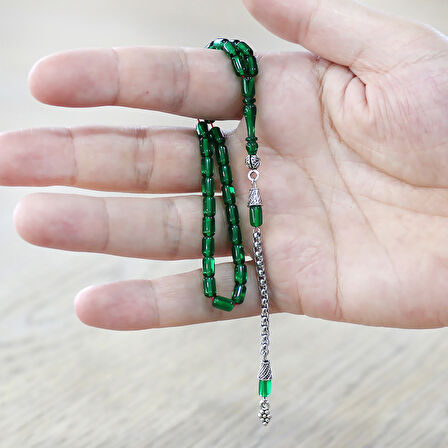 Ateş Kehribar Tesbih - Kararmaz Metal Püsküllü - Bilek Boy - Yeşil Renk - Kapsül Kesim