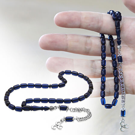 Sıkma Kehribar Tesbih - Kararmaz Metal Püsküllü - Bilek Boy - Lacivert Renk - Kapsül Kesim