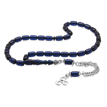 Sıkma Kehribar Tesbih - Kararmaz Metal Püsküllü - Bilek Boy - Lacivert Renk - Kapsül Kesim