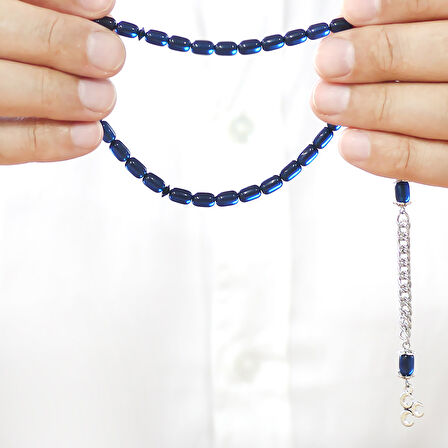 Sıkma Kehribar Tesbih - Kararmaz Metal Püsküllü - Bilek Boy - Lacivert Renk - Kapsül Kesim