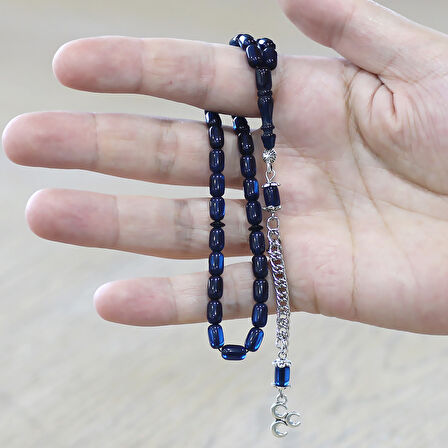 Sıkma Kehribar Tesbih - Kararmaz Metal Püsküllü - Bilek Boy - Lacivert Renk - Kapsül Kesim