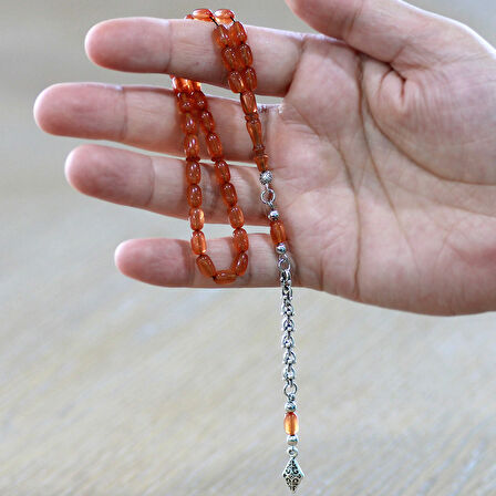 Kararmaz Metal Arnavut Püsküllü Kapsül Kesim Turuncu Bilek Boy Ateş Kehribar Tesbih