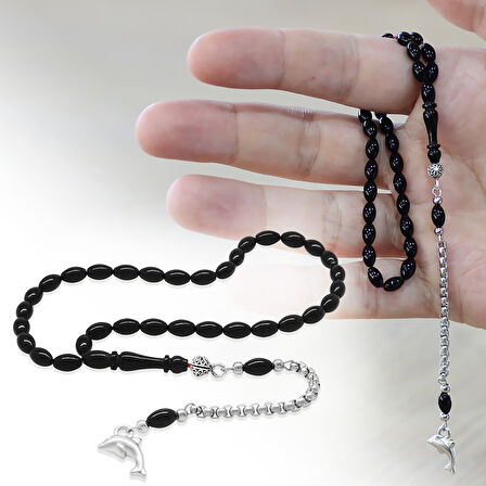 Sıkma Kehribar Tesbih - Kararmaz Metal Püsküllü - Bilek Boy - Siyah Renk - Arpa Kesim