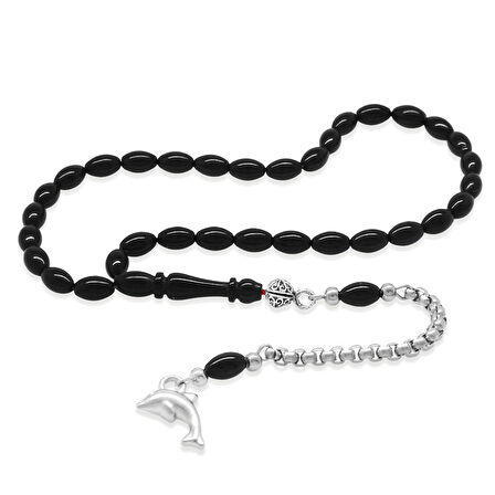 Sıkma Kehribar Tesbih - Kararmaz Metal Püsküllü - Bilek Boy - Siyah Renk - Arpa Kesim