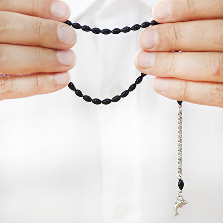 Sıkma Kehribar Tesbih - Kararmaz Metal Püsküllü - Bilek Boy - Siyah Renk - Arpa Kesim