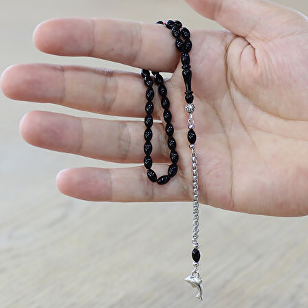 Sıkma Kehribar Tesbih - Kararmaz Metal Püsküllü - Bilek Boy - Siyah Renk - Arpa Kesim