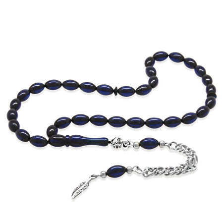 Sıkma Kehribar Tesbih - Kararmaz Metal Püsküllü - Bilek Boy - Lacivert Renk - Arpa Kesim