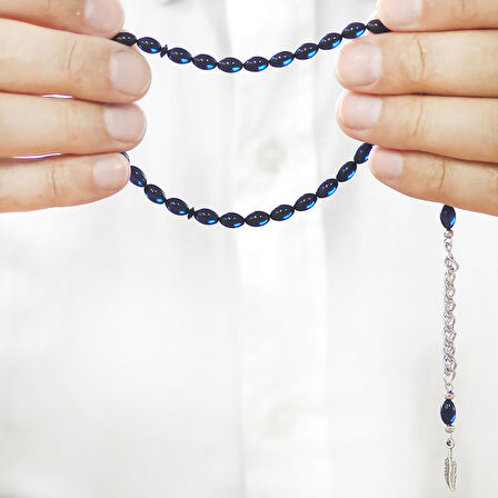 Sıkma Kehribar Tesbih - Kararmaz Metal Püsküllü - Bilek Boy - Lacivert Renk - Arpa Kesim