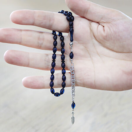 Sıkma Kehribar Tesbih - Kararmaz Metal Püsküllü - Bilek Boy - Lacivert Renk - Arpa Kesim