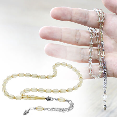 Ateş Kehribar Tesbih - Kararmaz Metal Püsküllü - Bilek Boy - Şeffaf Beyaz Renk - Arpa Kesim