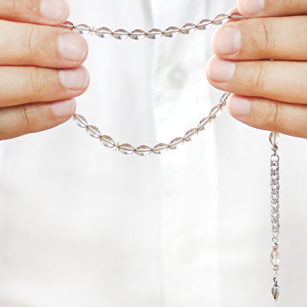 Ateş Kehribar Tesbih - Kararmaz Metal Püsküllü - Bilek Boy - Şeffaf Beyaz Renk - Arpa Kesim