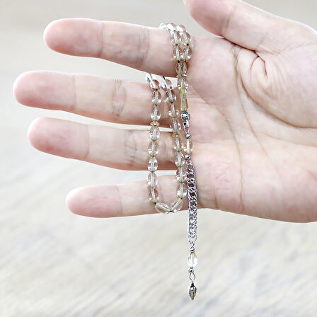 Ateş Kehribar Tesbih - Kararmaz Metal Püsküllü - Bilek Boy - Şeffaf Beyaz Renk - Arpa Kesim