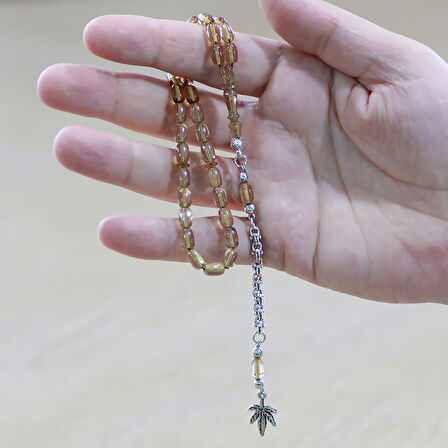 Kararmaz Metal Arnavut Zincir Püsküllü Kapsül Kesim Şeffaf Renk Bilek Boy Ateş Kehribar Tesbih