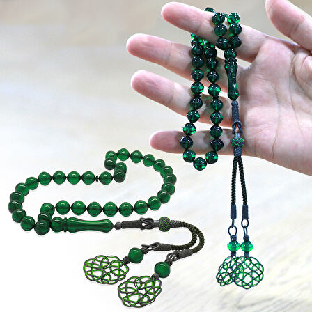 1000 Ayar Gümüş Özel Kazaz Püsküllü İstanbul Kesim Yeşil Ateş Kehribar Tesbih