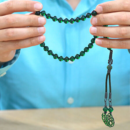 1000 Ayar Gümüş Özel Kazaz Püsküllü İstanbul Kesim Yeşil Ateş Kehribar Tesbih