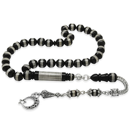 Kararmaz Metal Ayyıldız Püsküllü Metal Sarmal Silindir Kesim Siyah Kuka Tesbih