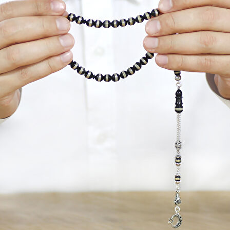 Kararmaz Metal Ayyıldız Püsküllü Metal Sarmal Silindir Kesim Siyah Kuka Tesbih