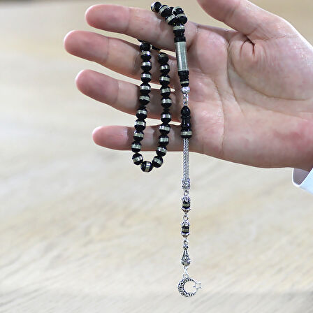 Kararmaz Metal Ayyıldız Püsküllü Metal Sarmal Silindir Kesim Siyah Kuka Tesbih