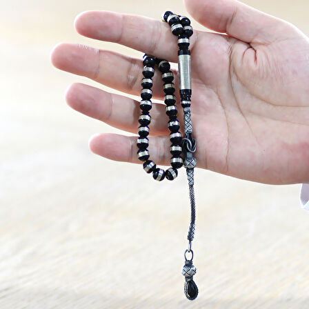 1000 Ayar Gümüş Kazaz Püsküllü Metal Sarmal Silindir Kesim Kuka Tesbih