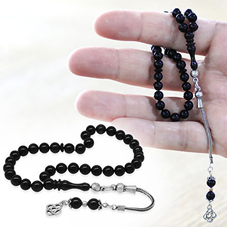 925 Ayar Gümüş Püsküllü Küre Kesim Bilek Boy Mavi Siyah Sıkma Kehribar Tesbih