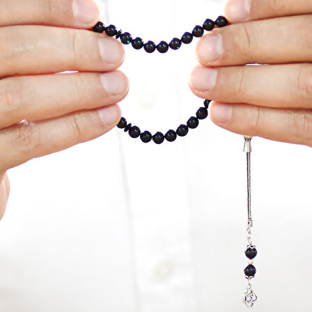 925 Ayar Gümüş Püsküllü Küre Kesim Bilek Boy Mavi Siyah Sıkma Kehribar Tesbih