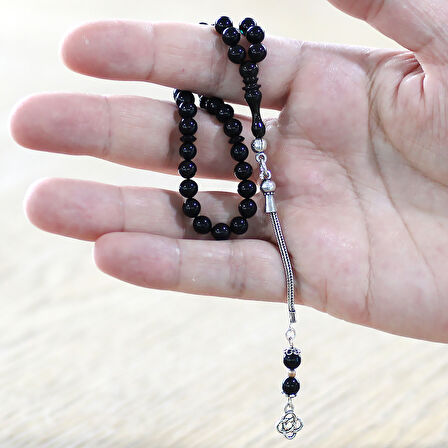 925 Ayar Gümüş Püsküllü Küre Kesim Bilek Boy Mavi Siyah Sıkma Kehribar Tesbih