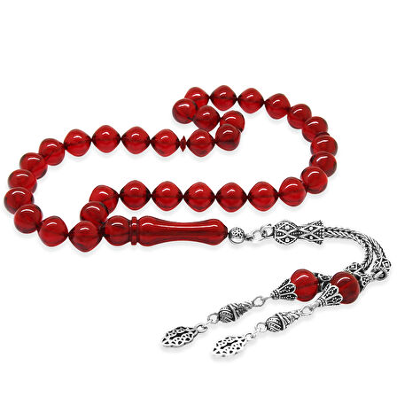 925 Ayar Gümüş Püsküllü İstanbul Kesim Bayrak Kırmızı Ateş Kehribar Tesbih