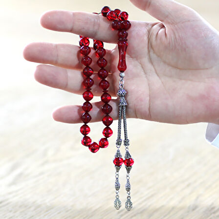 925 Ayar Gümüş Püsküllü İstanbul Kesim Bayrak Kırmızı Ateş Kehribar Tesbih