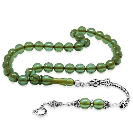 925 Ayar Gümüş Ay Yıldız Püsküllü Küre Kesim Su Yeşili Ateş Kehribar Tesbih