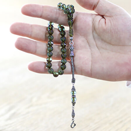 925 Ayar Gümüş Ay Yıldız Püsküllü Küre Kesim Su Yeşili Ateş Kehribar Tesbih