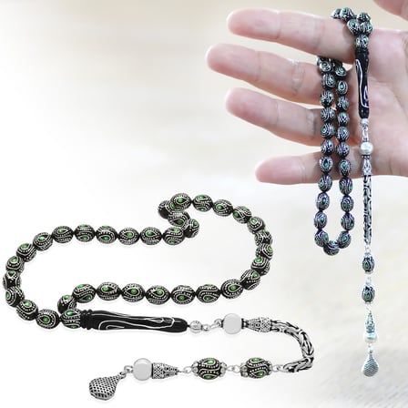 925 Ayar Gümüş Kral Zincir Püsküllü Gümüş Mine İşlemeli Arpa Kesim Erzurum Oltu Taşı Tesbih