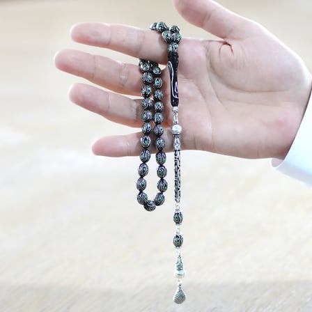 925 Ayar Gümüş Kral Zincir Püsküllü Gümüş Mine İşlemeli Arpa Kesim Erzurum Oltu Taşı Tesbih