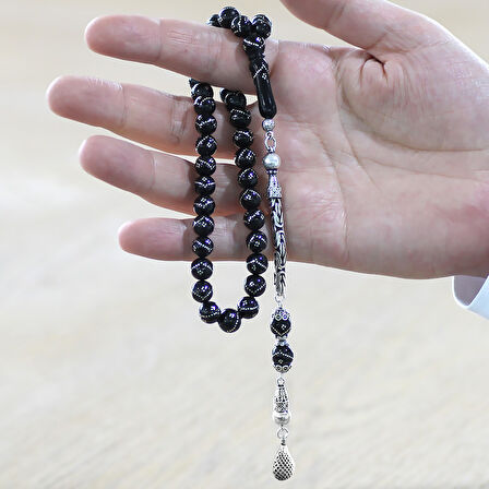 925 Ayar Gümüş Kral Zincir Püsküllü Gümüş İşlemeli Küre Kesim Erzurum Oltu Taşı Tesbih