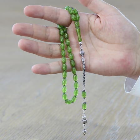 925 Ayar Gümüş Kral Zincir Püsküllü Özel Kesim Sedefli Yeşil Ateş Kehribar Tesbih