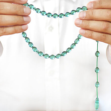 Sistemli Arpa Kesim Şeffaf Turkuaz Ateş Kehribar Tesbih