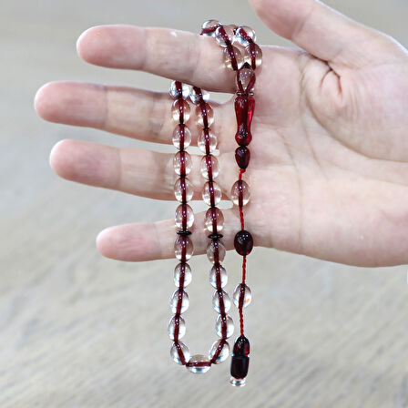 Sistemli Arpa Kesim Kırmızı İmame Kombinli Şeffaf Ateş Kehribar Tesbih