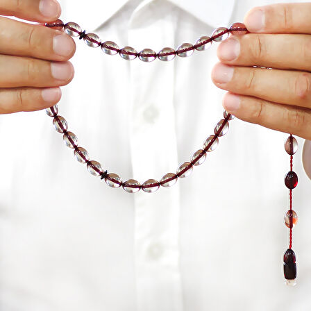 Sistemli Arpa Kesim Kırmızı İmame Kombinli Şeffaf Ateş Kehribar Tesbih