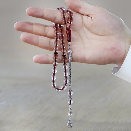 925 Ayar Gümüş Kral Zincir Püsküllü Arpa Kesim Kırmızı İmame Kombinli Şeffaf Ateş Kehribar Tesbih