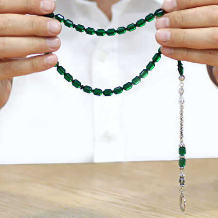 Kararmaz Metal Arnavut Zincir Püsküllü Uçlu Kapsül Kesim Kişiye Özel İsim Yazılı Ayyıldız Plakalı Yeşil Ateş Kehribar Tesbih