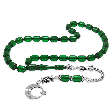 Kararmaz Metal Arnavut Zincir Püsküllü Uçlu Kapsül Kesim Kişiye Özel İsim Yazılı Ayyıldız Plakalı Yeşil Ateş Kehribar Tesbih