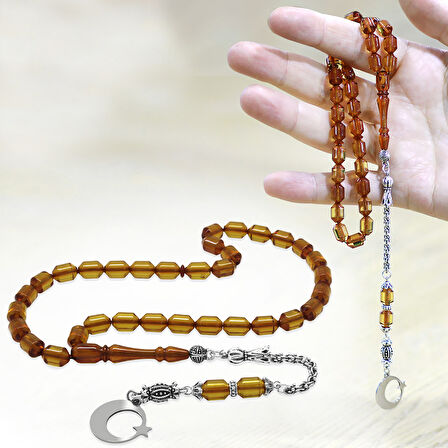 Kararmaz Metal Arnavut Zincir Püsküllü Uçlu Kapsül Kesim Kişiye Özel İsim Yazılı Ayyıldız Plakalı Şeffaf Sarı Ateş Kehribar Tesbih