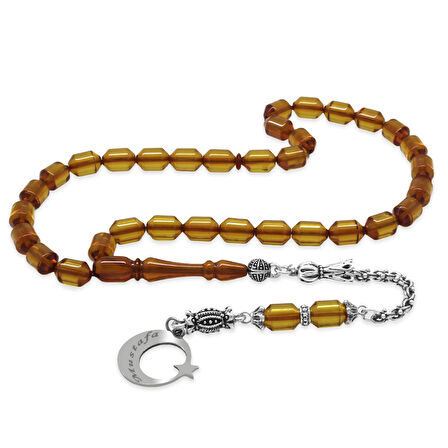 Kararmaz Metal Arnavut Zincir Püsküllü Uçlu Kapsül Kesim Kişiye Özel İsim Yazılı Ayyıldız Plakalı Şeffaf Sarı Ateş Kehribar Tesbih