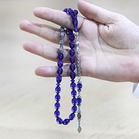 Kararmaz Metal Arnavut Zincir Püsküllü Arpa Kesim Kişiye Özel İsim Yazılı Lacivert Sıkma Kehribar Tesbih