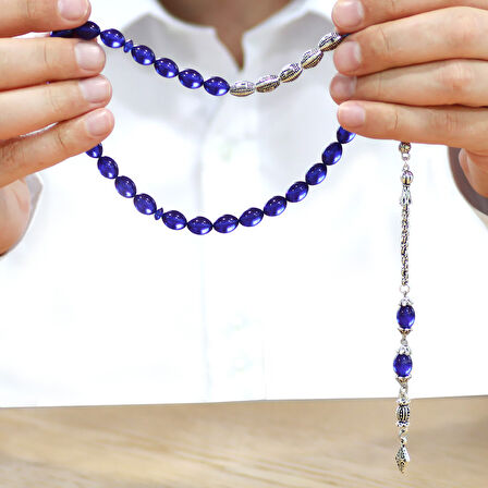 Kararmaz Metal Arnavut Zincir Püsküllü Arpa Kesim Kişiye Özel İsim Yazılı Lacivert Sıkma Kehribar Tesbih