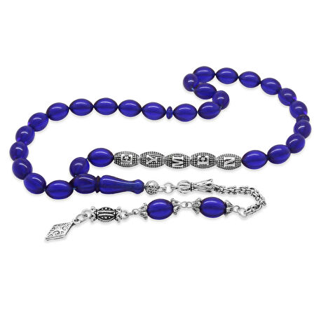 Kararmaz Metal Arnavut Zincir Püsküllü Arpa Kesim Kişiye Özel İsim Yazılı Lacivert Sıkma Kehribar Tesbih