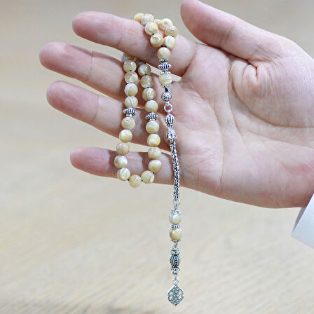 Kararmaz Metal Arnavut Zincir Püsküllü Küre Kesim Sarı Sedef Doğaltaş Tesbih