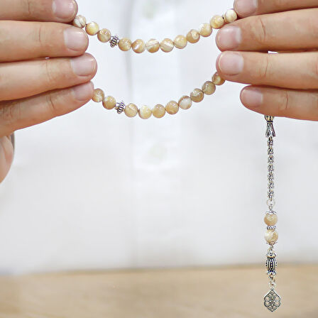 Kararmaz Metal Arnavut Zincir Püsküllü Küre Kesim Sarı Sedef Doğaltaş Tesbih