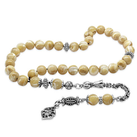 Kararmaz Metal Arnavut Zincir Püsküllü Küre Kesim Sarı Sedef Doğaltaş Tesbih